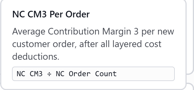 Definition of new-customer CM3 per order as contribution margin three divided by new-customer order count.