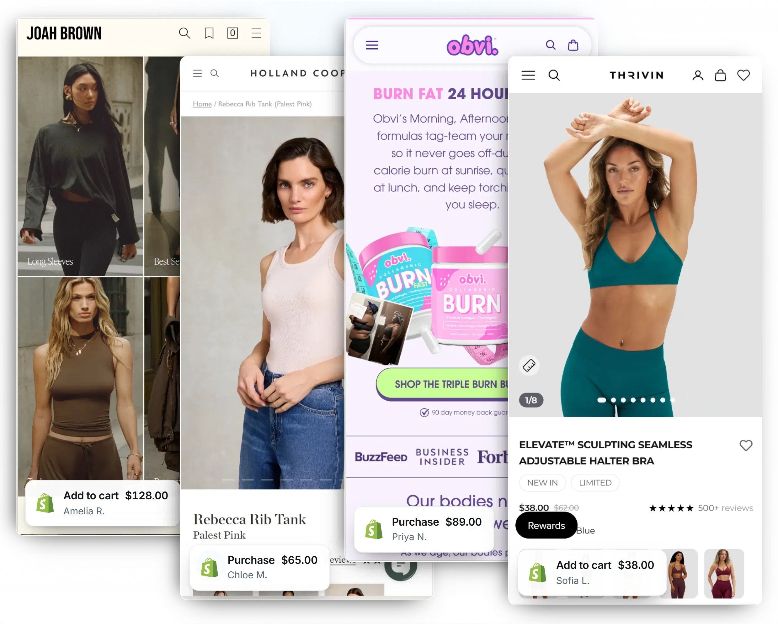 Joah Brown, Holland Cooper, Obvi and Thrivin storefronts, each showing a Shopify order attached to a named shopper.