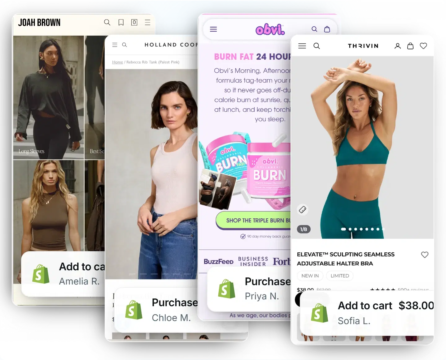 Joah Brown, Holland Cooper, Obvi and Thrivin storefronts, each showing a Shopify order attached to a named shopper.